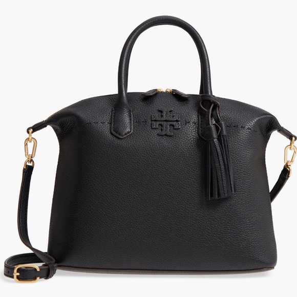 Tory Burch McGraw Black Slouchy Leather Satchel with Gold Accents - Picture 1 of 16